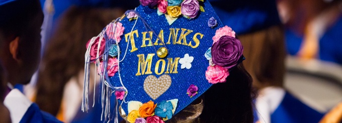 View of a student's cap during graduation. 
