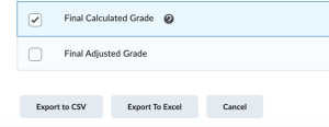 Zoom image: After scrolling to bottom of the Export Options page, make sure at least the Final Calculated Grade has a check mark next to it. You may check more than one option. 