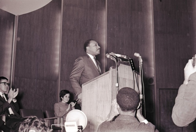 Dr. Martin Luther King Jr. speaking at Kleinhans Music Hall. 