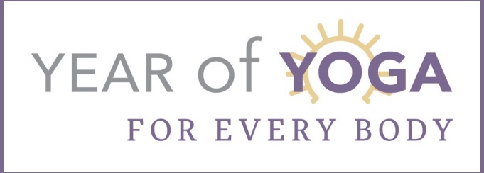 Year of Yoga for Every Body (with sun image behind the word Yoga). 