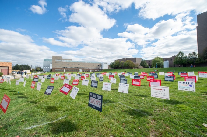 Student Union Field filled with For Freedom signs for Spirit Day. 