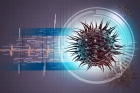 3D rendering of a virus on a medical background consisting of a heartbeat rhythm and DNA sequencing. 