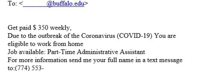 Scam emailed job offer for part-time administrative assistant sent to a UB email. 