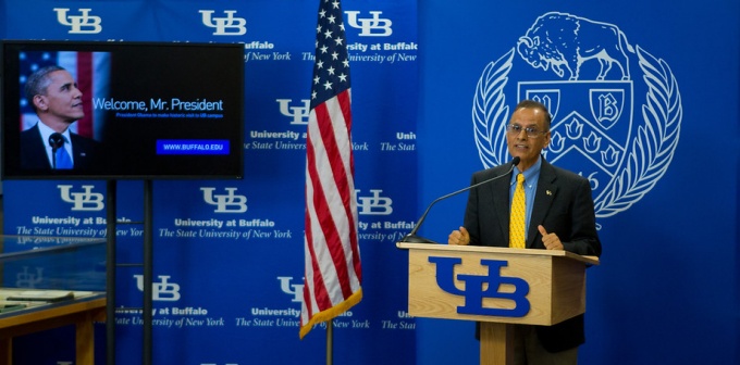 President Tripathi announcing President Obama's visit to the University at Buffalo in 2013. 