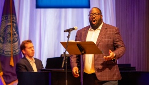 Zoom image: Professor Eric Huebner, chair of UB's Department of Music, and Professor Jaman Dunn-Danger perform &quot;My Dream,&quot; composer Florence Price's setting of a poem by Langston Hughes. 