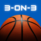 "3-ON-3" in white above a close up image of an orange basketball on a blue background. 