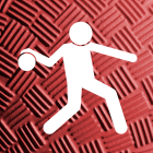 person holding a ball icon overlaying a red dodgeball texture background. 
