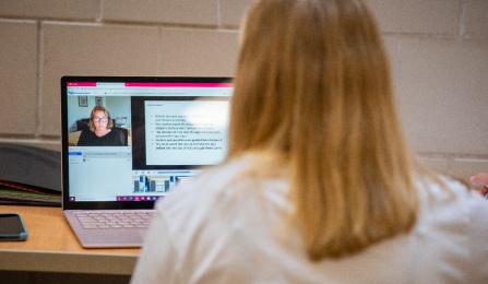 UB faculty member teaches remotely. 
