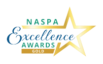 Blue, green and gold NASPA Excellence Award logo. 