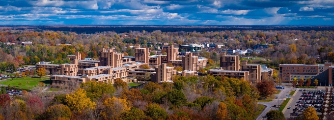 Exterior aerial image of Greiner Hall and the Ellicott Complex on North Campus in Fall 2023. 