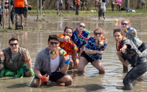 Oozefest, a UB tradition since 1984 and one of the largest mud volleyball tournaments in the US, is held at the mud pit on St. Rita's Lane on North Campus. Photographer: Meredith Forrest Kulwicki. 