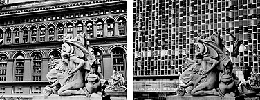 Berenice Abbott’s 1936 photo of the Custom House statues and the New York Produce Exchange (left) is shown next to Douglas Levere’s photo of the site today, now the Native American Museum statues and the MTA headquarters.