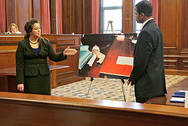 Prosecutors Christina Morrison and Anthony Sam present evidence during the championship round of the Mock Trial Competition.