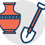 Illustration of an ancient vase and an archaeological shovel, representing archaeology. 