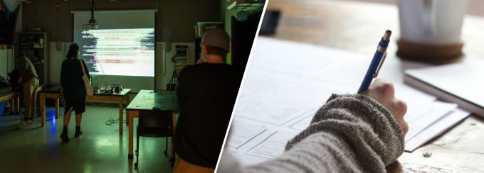 A presentation by James Pardue, with Media Study and a student taking notes. 