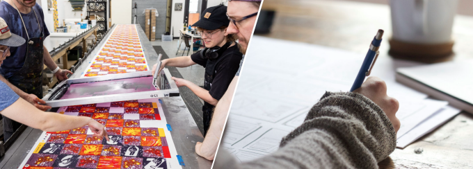 Studios working on a screen print and another student writing notes. 