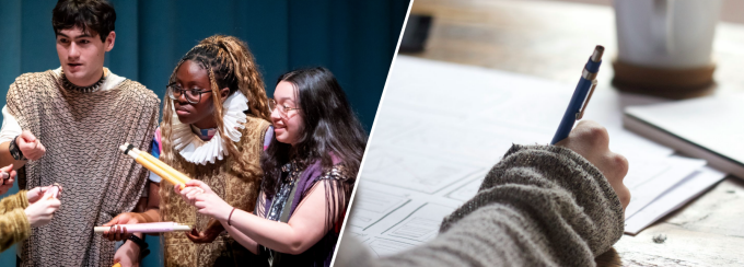 Student practicing a play and another student writing notes. 