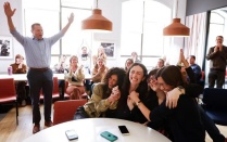 Bront&euml; Wittpenn, seated from left, Susie Neilson, Sara DiNatale and Megan Munce react to winning the Pulitzer Prize in explanatory reporting. 