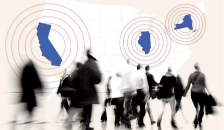 A Newsweek photo illustration representing some of Democratic states. In the year to July 2022, California, New York and Illinois (featured) all saw substantial population falls. 