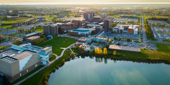 Baird Point and Lake La Salle at dusk (the blue hour) on North Campus in the fall of 2018. Photographer: Douglas Levere. 