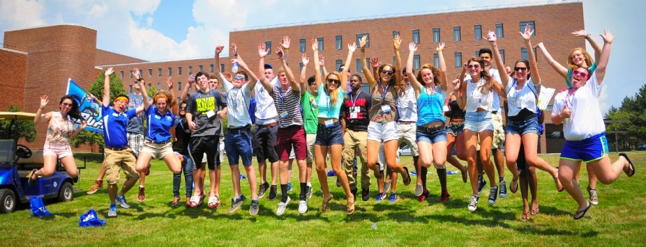 Jumping for joy, a large group of happy students celebrate the study Math just outside our building on UB North Campus. 