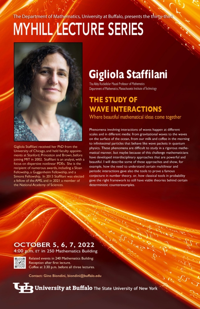Zoom image: The Myhill Lecture Series 2022, &quot;The study of wave interactions: where beautiful mathematical ideas come together&quot; will be delivered by Dr. Gigliola Staffilani, the Abby Rockefeller Mauzé Professor of Mathematics at MIT. Her research concerns harmonic analysis and partial differential equations, including the Korteweg–de Vries equation and Schrödinger equation. Join us for each lecture in the series, October 5, 6 and 7, from 4:00 to 5:00 p.m., 250 Mathematics Building, North Campus. 