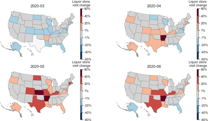 Fig 11. Geographic differences for how the per capita visits to liquor stores changed in response to COVID-19. 