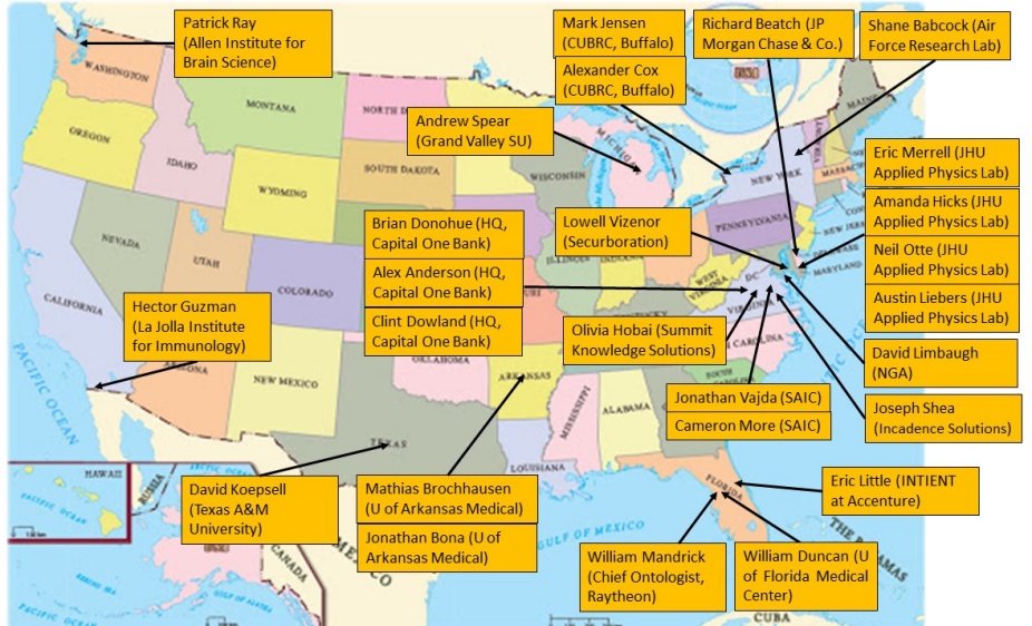 Zoom image: U.S. map shows the states where UB Philosophy's ontology program alums are employed in both government and industry. Map created by Barry Smith, Fall 2023. 
