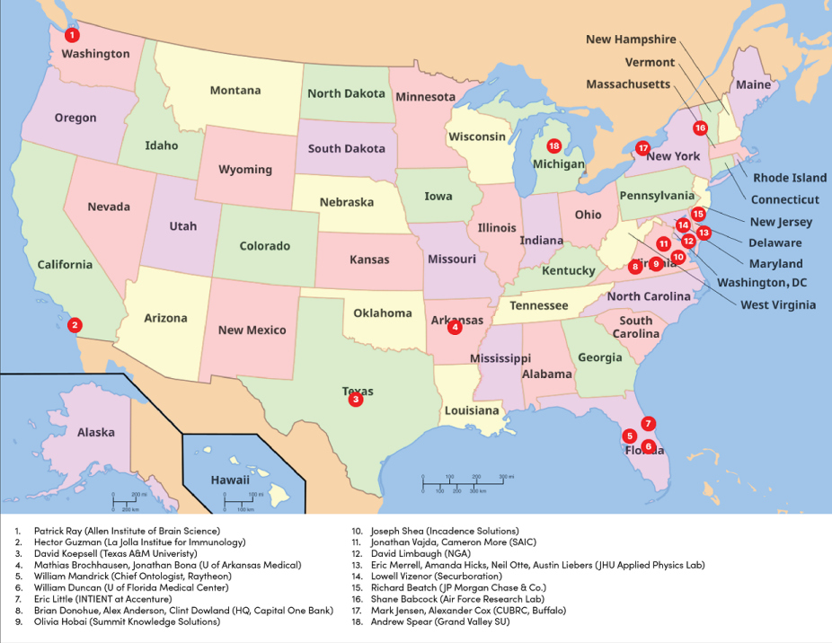 Zoom image: U.S. map shows the states where UB Philosophy's ontology program alums are employed in both government and industry. Map last updated, Fall 2023. 