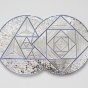 Abstract artwork of two overlapping silver circles filled with repeating triangles, diamonds and reflective mosaic patterns outlined in blue. 