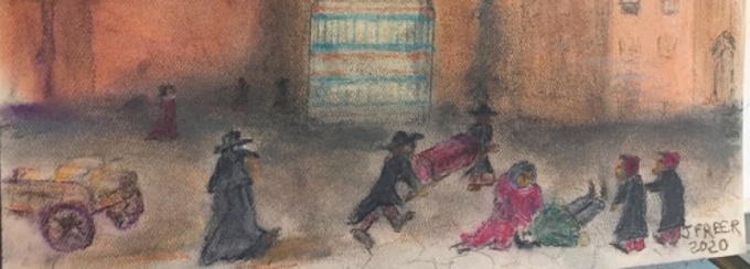 Painting by Jack Freer depicting people in a Florence street during the 1629&ndash;31 bubonic plague outbreak. 