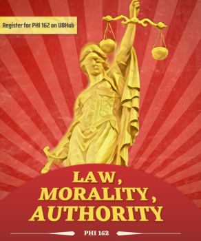 Zoom image: Poster by Laura Rivera Salgado, grand prize winner in the 2021 Philosophy Course Poster Design Contest. This entry was for the course PHI 162, Law, Morality, Authority. 