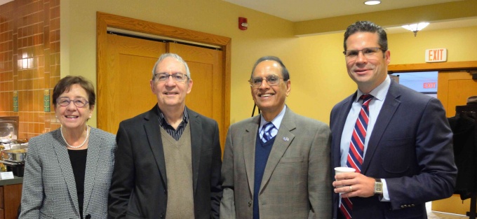 As seen at the Fall 2019 Capen Chair Conference (from left) Norma Gracia, Jorge Gracia, and UB President Satish Tripathi, and UDallas Provost J. J. Sanford. 