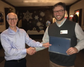 Zoom image: Dr. David Braun (left) presents the 2018 Patrick and Edna Romanell Award for Philosophical Work in Naturalism to David Limbaugh for his essay, "The Flexibility of Reality: An Essay on Modality, Representation, and Powers." 