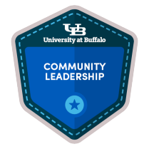 University at Buffalo digital badge labeled &ldquo;Community Leadership&rdquo; with a shield design and star icon. 