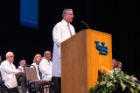 Michael E. Cain, MD, vice president for health sciences and dean of the Jacobs School of Medicine and Biomedical Sciences, welcomes the Class of 2023 during the annual White Coat Ceremony.