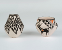 Lucy Lewis, Pots, 1988 (left); undated (right). Earthenware with pigment, 3 1/2 x 3 1/2 x 4 1/2 inches (left); 4 1/2 x 4 1/2 x 3 7/8 inches (right.) University at Buffalo Art Galleries: Gift of Annette Cravens. 
