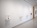 An installation photo of UB Anderson Gallery showing a corridor with four vitrines coming out of the wall . Small sculptures sit under glass covers. 