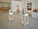 An installation photograph of Thinking in Indian at UB CFA Gallery. In the foreground on two white pedestals are paperbag works by Peter Jemison. 