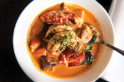 Lobster curry with charred red onion, Japanese eggplant, Thai apple eggplant and fresh bamboo shoots.
