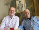 UB Poetry Collection curators James Maynard and Michael Basinski commune with the poet over pints at the Uplands Tavern, Swansea.
