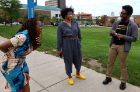 2021-22 UB Distinguished Visiting Scholars enjoying a fall day on the UB campus: historian Jeannette E. Jones, artist Crystal Z. Campbell, and musician/composer Seth Parker Woods. 