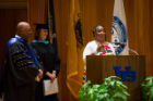Margot Keysor (center) and Julius Gregg Adams (left) present the Arthur O. Eve Award to Patricia A. Elliott-Patton at the UB Educational Opportunity Center's (UBEOC) 44th Annual Commencement on May 24, 2017 in Slee Hall. Photographer: Meredith Forrest Kulwicki