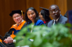 Left to right: Charles Zukoski, Susan Perkins and Buffalo Mayor Bryon Brown listen during the UB Educational Opportunity Center's (UBEOC) 44th Annual Commencement on May 24, 2017 in Slee Hall. Photographer: Meredith Forrest Kulwicki