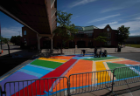 Members of the facilities team work to paint a new rainbow crosswalk design near the Student Union and UB Commons in August 2019. The Office of Inclusive Excellence helped organize the design and effort. Photographer: Meredith Forrest Kulwicki