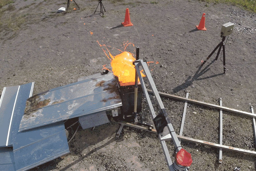 Animation of lava shooting out of a container after being injected with water.