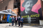 UB held a news conference on June 14 to introduce a new mural of renowned author and poet James Joyce in downtown Buffalo. From left to right: Evviva Weinraub Lajoie, James Maynard, Ciarán Madden, Tim Kennedy and Satish K. Tripathi. Photographer: Meredith Forrest Kulwicki