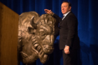 Kevin Spacey gives the UB bison a gentle pat on the head. Photo: Chad Cooper