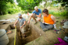 From left: UB alumnus Trevor Totman and current students Dan Snyder and Kate Whalen work with UB's Archaeological Survey, part of the Department of Anthropology, at a site off Harlem Road in West Seneca. Photo: Douglas Levere