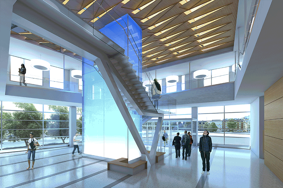 Animation of a rendering of the medical school lobby transitioning into a photograph of the lobby under construction.